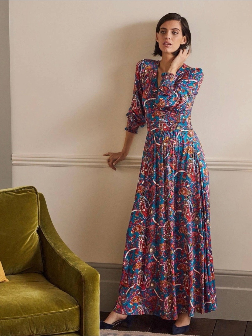 NWT! Boden Paisley Jersey Faux Wrap Maxi Dress Winter Azure Size 14